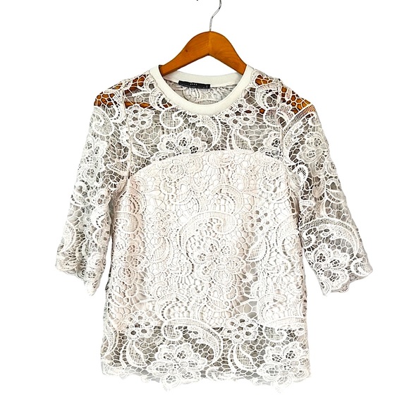 Zara Tops - Zara Light Gray Lace Crochet with Inlay 3/4 Sleeve Top